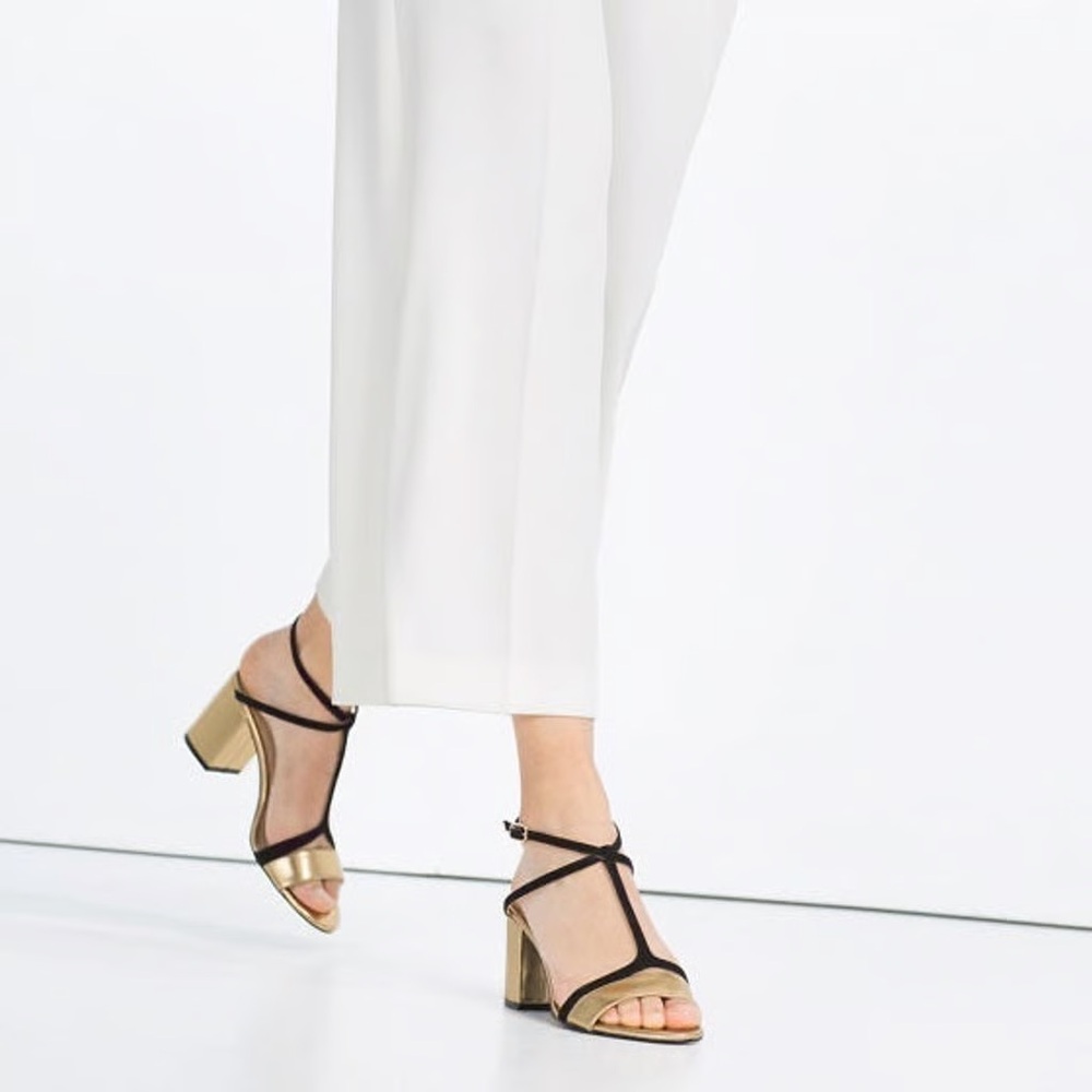 Zara Gold and Black Block Sandals